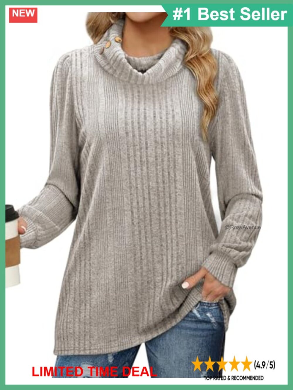 Ribbed Knit Turtleneck Tunic Sweater Long Sleeve Loose Fit Pullover
